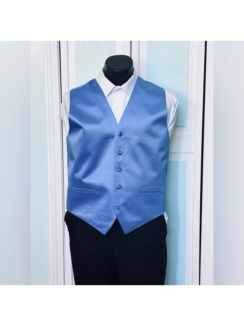 Cornflower Medium Blue Satin Closed Back Vest Wedding Prom Men’s XL X-Large